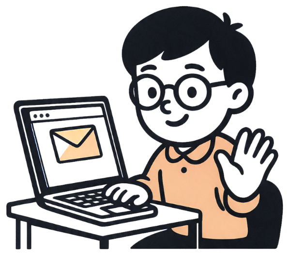 Illustration of a friendly student waving beside a laptop showing an email